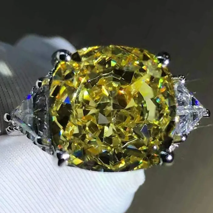 Rings Leyloon Jewelry 6 Carat Cushion Cut Moissanite Ring Vivid Yellow VVS Three Stone Cathedral Beadset Rings Leyloon Jewelry 6 Carat Cushion Cut Moissanite Ring Vivid Yellow VVS Three Stone Cathedral Beadset
