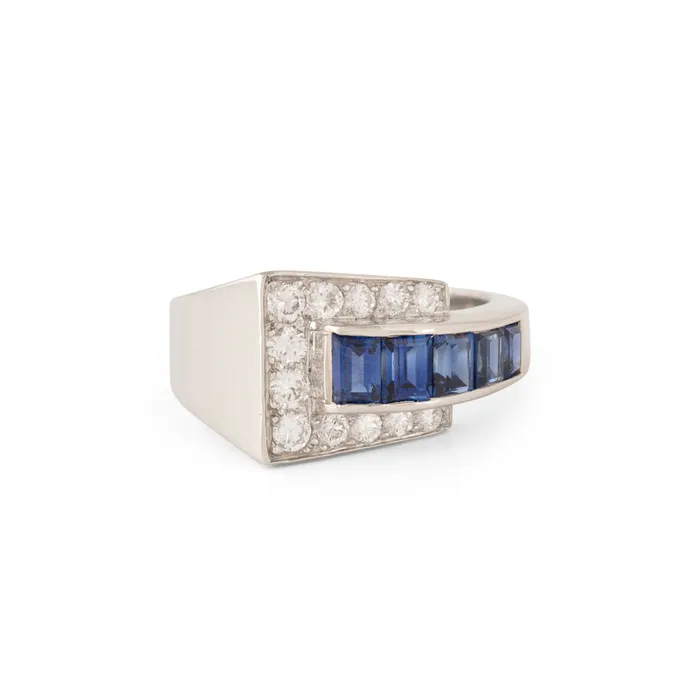 Rings Vintage Oscar Heyman Sapphire Diamond and Platinum Buckle Ring
