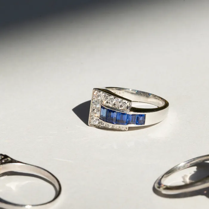 Rings Vintage Oscar Heyman Sapphire Diamond and Platinum Buckle Ring