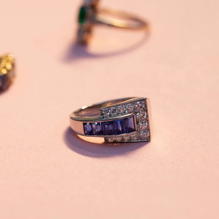 Rings Vintage Oscar Heyman Sapphire Diamond and Platinum Buckle Ring