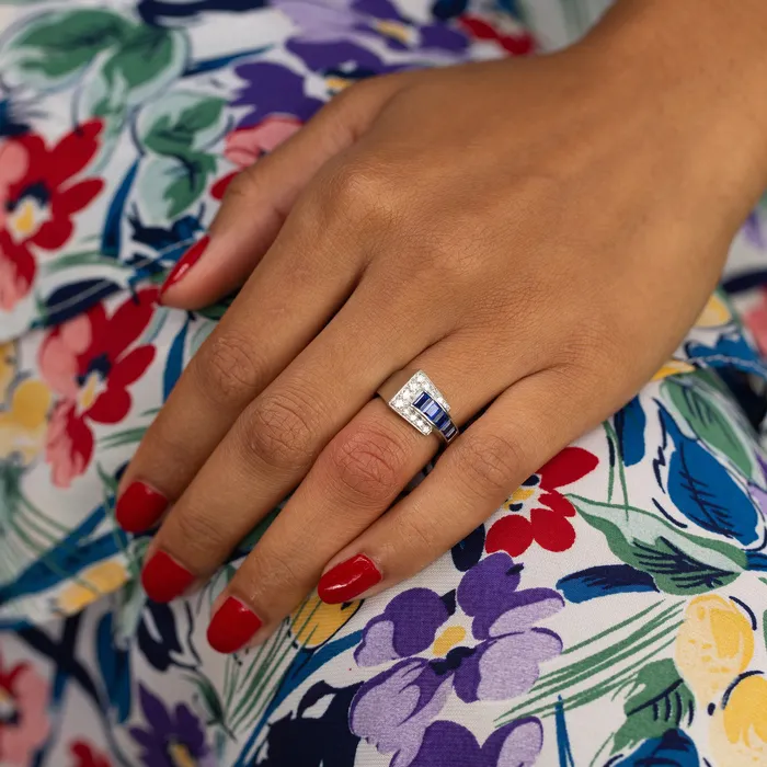 Rings Vintage Oscar Heyman Sapphire Diamond and Platinum Buckle Ring