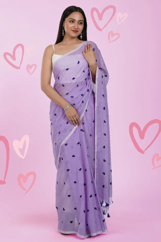 Teejh Chahna Purple Mul Cotton Heart Embroidery Saree Teejh Necklaces
