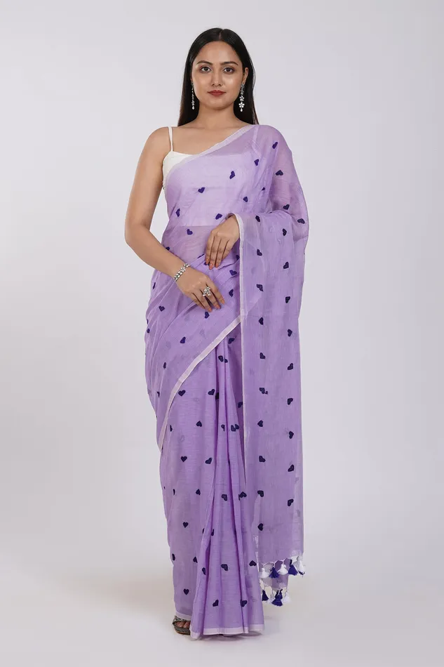 Teejh Chahna Purple Mul Cotton Heart Embroidery Saree Teejh Necklaces