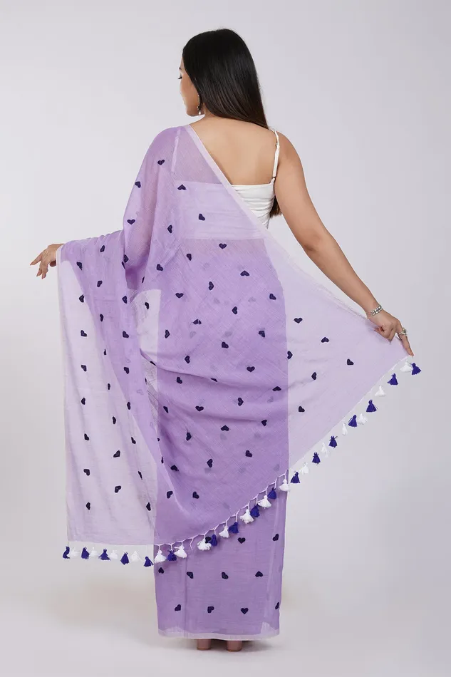 Teejh Chahna Purple Mul Cotton Heart Embroidery Saree Teejh Necklaces