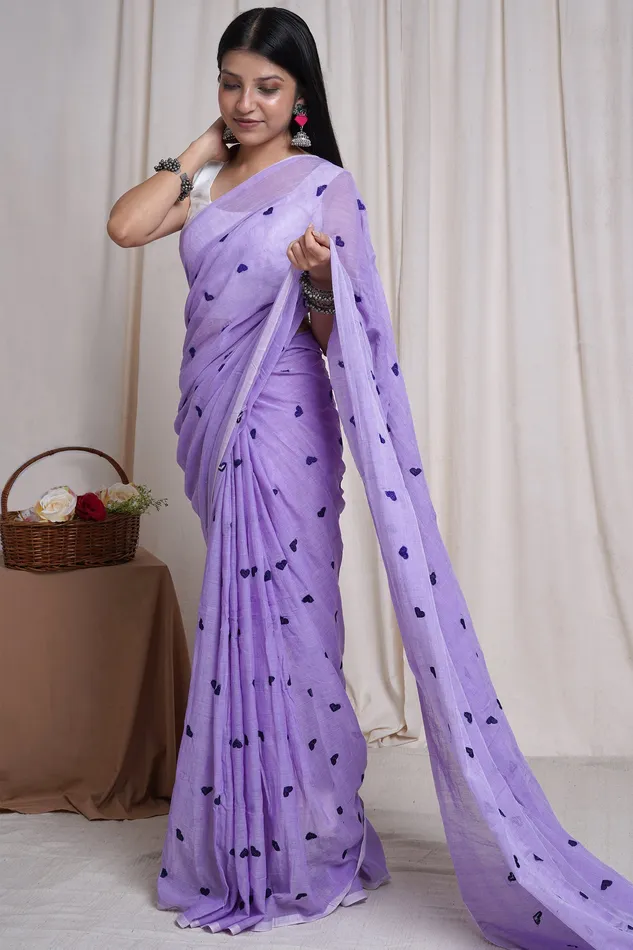 Teejh Chahna Purple Mul Cotton Heart Embroidery Saree Teejh Necklaces