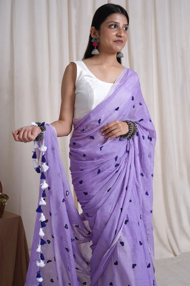 Teejh Chahna Purple Mul Cotton Heart Embroidery Saree Teejh Necklaces
