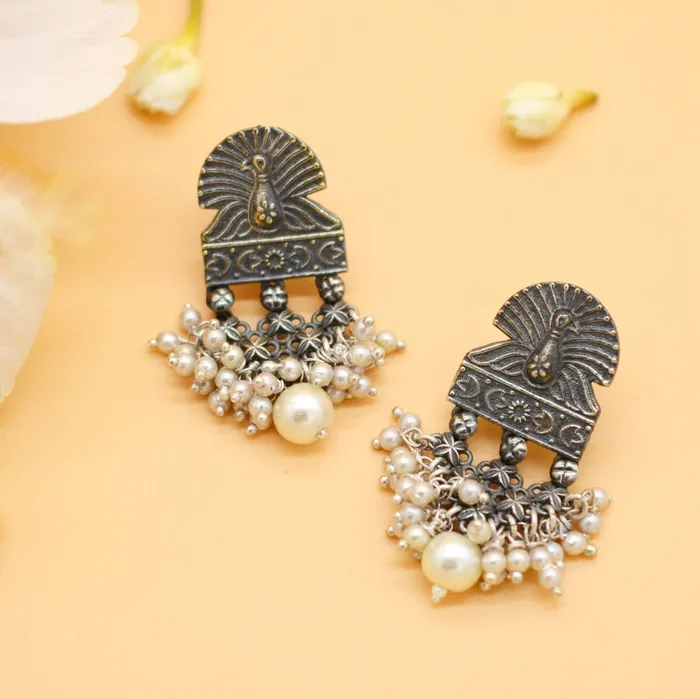 Teejh Earrings Antique Silver Peacock Pearl Earrings