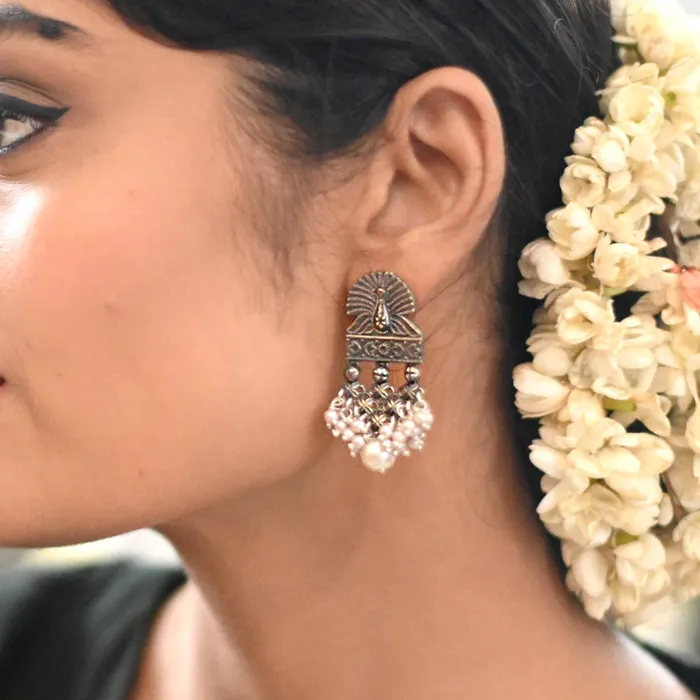 Teejh Earrings Antique Silver Peacock Pearl Earrings