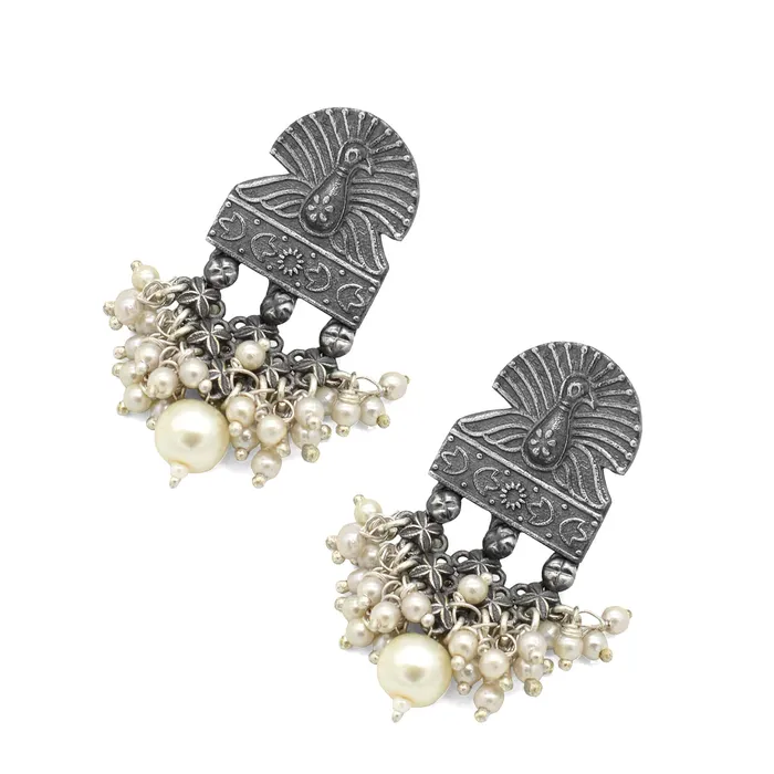 Teejh Earrings Antique Silver Peacock Pearl Earrings