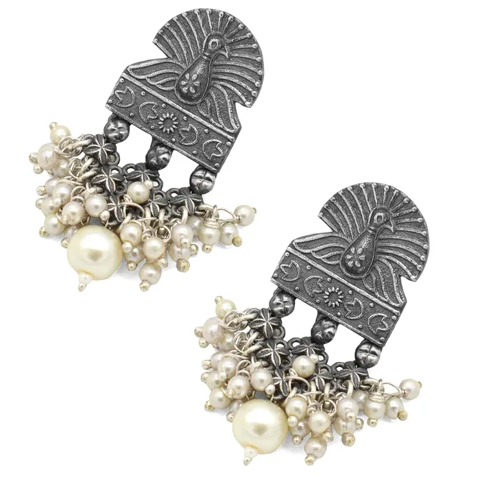 Teejh Earrings Antique Silver Peacock Pearl Earrings