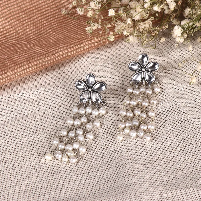 Teejh Earrings Teejh Blossom Polki Silver Oxidized Pearl Earrings