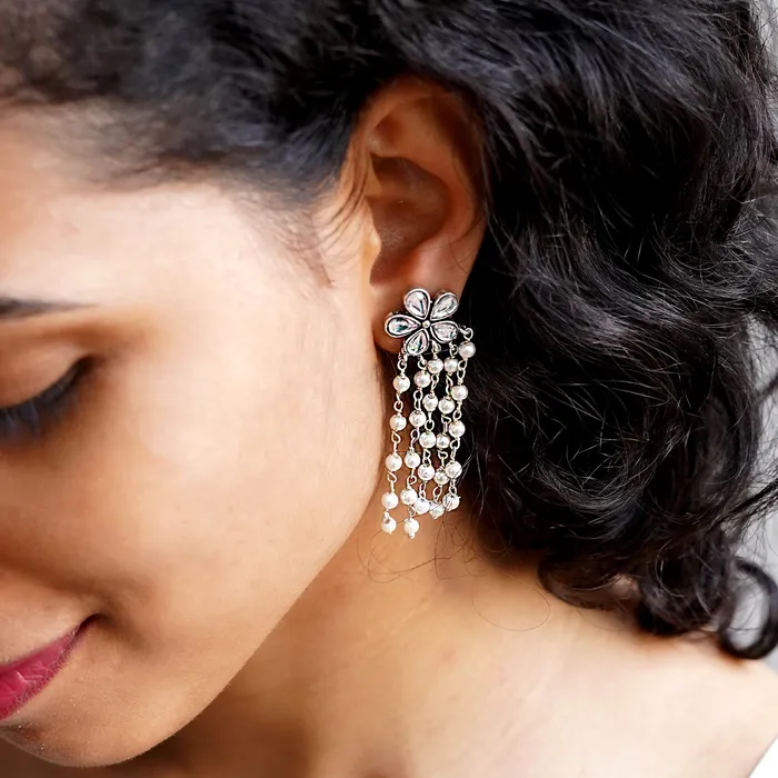 Teejh Earrings Teejh Blossom Polki Silver Oxidized Pearl Earrings Teejh Earrings Teejh Blossom Polki Silver Oxidized Pearl Earrings