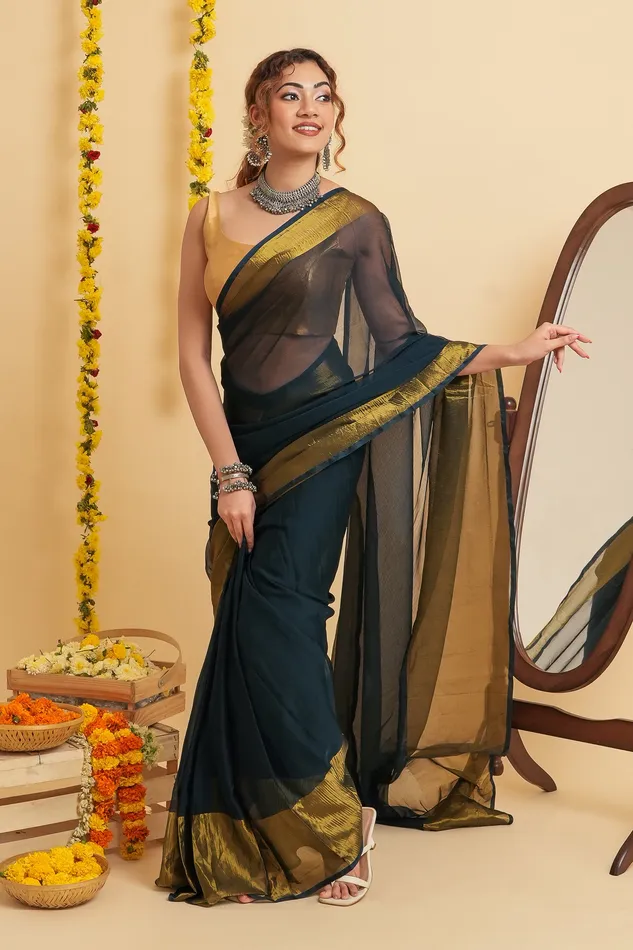 Teejh Earrings Teejh Sanah Blue Chiffon Ready to Drape Saree