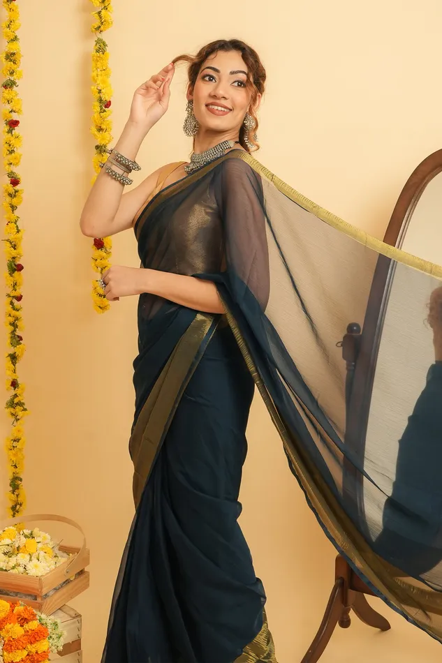 Teejh Earrings Teejh Sanah Blue Chiffon Ready to Drape Saree
