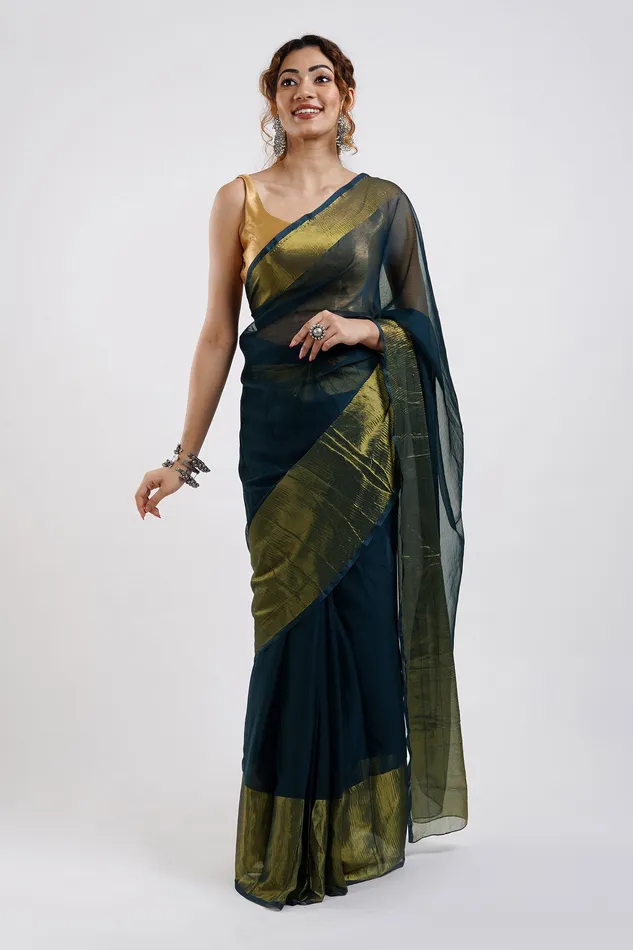 Teejh Earrings Teejh Sanah Blue Chiffon Ready to Drape Saree