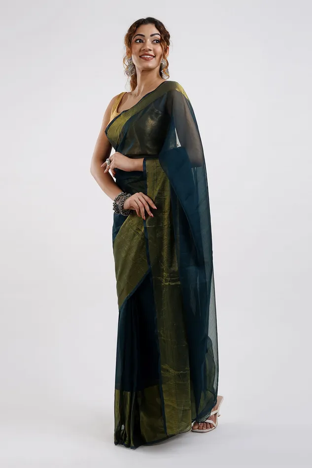 Teejh Earrings Teejh Sanah Blue Chiffon Ready to Drape Saree