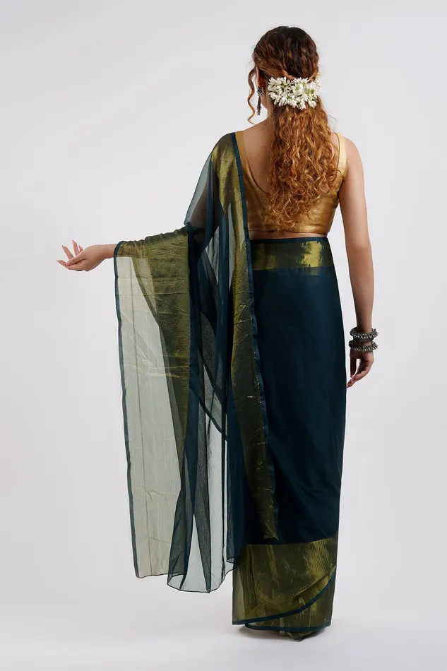 Teejh Earrings Teejh Sanah Blue Chiffon Ready to Drape Saree
