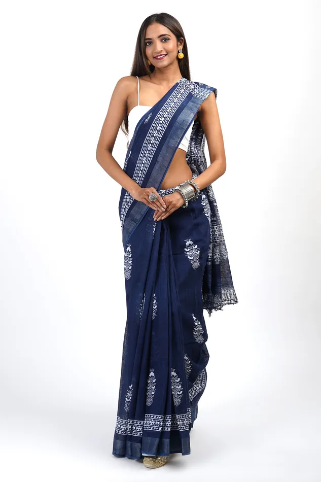 Teejh Necklaces Teejh Imara Dark Blue Block Print Linen Saree With Blouse Piece