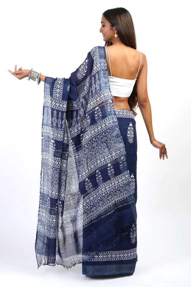 Teejh Necklaces Teejh Imara Dark Blue Block Print Linen Saree With Blouse Piece