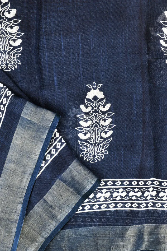 Teejh Necklaces Teejh Imara Dark Blue Block Print Linen Saree With Blouse Piece