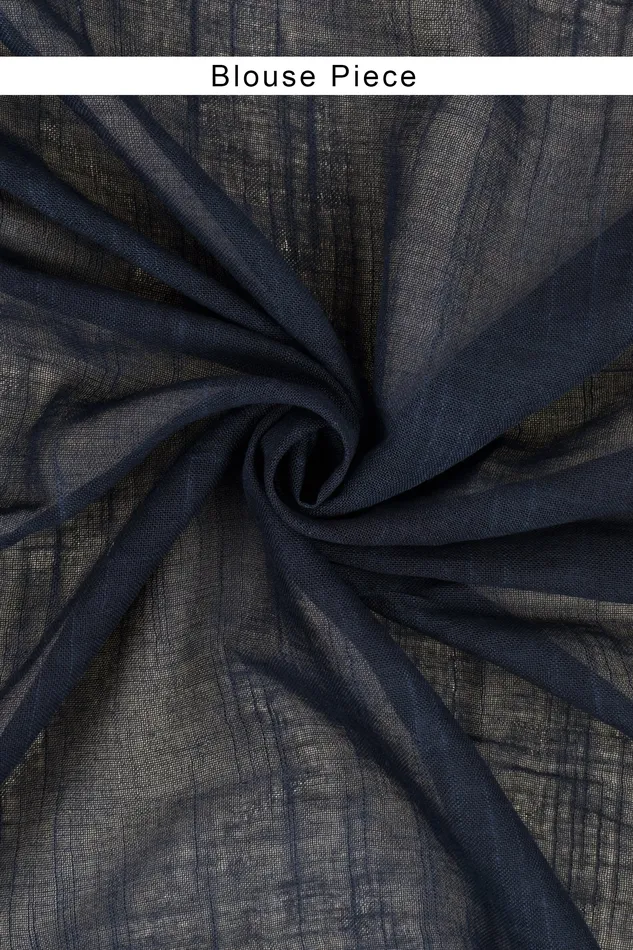 Teejh Necklaces Teejh Imara Dark Blue Block Print Linen Saree With Blouse Piece