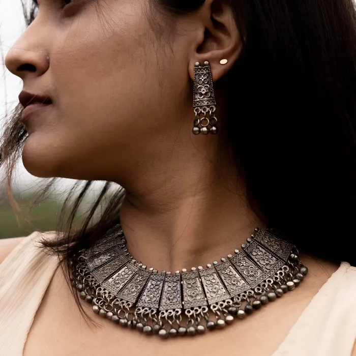 Teejh Necklaces Teejh Mihira Silver Oxidised Choker Necklace Set
