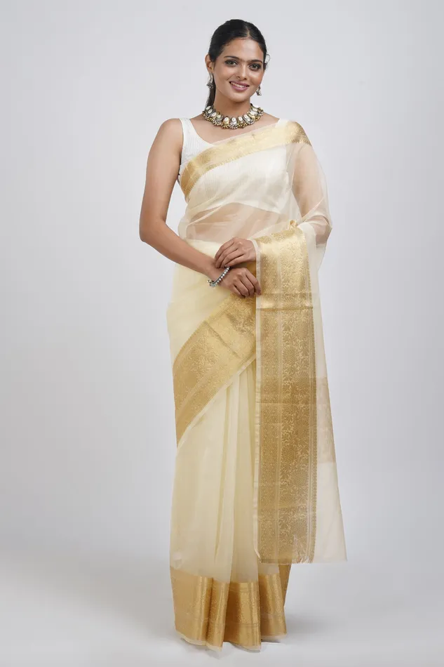 Teejh Rings Teejh Zunaira Off White Organza Saree