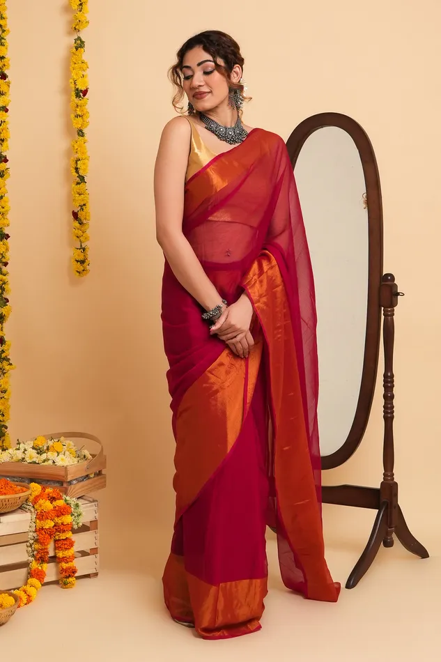 Teejh Sanah Pink Chiffon Ready to Drape Saree Teejh Earrings