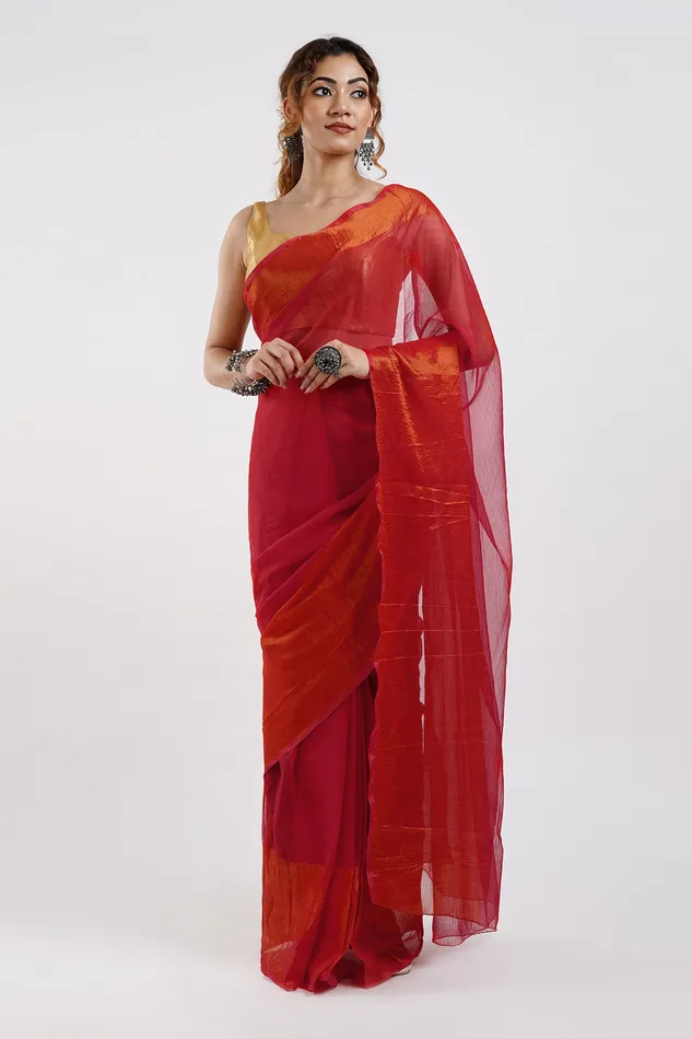 Teejh Sanah Pink Chiffon Ready to Drape Saree Teejh Earrings