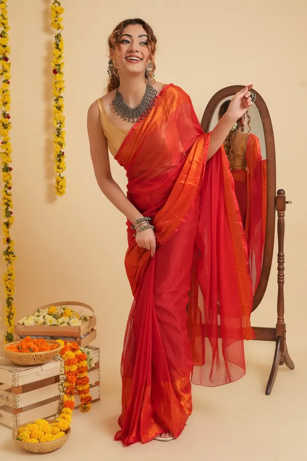Teejh Sanah Red Chiffon Ready to Drape Saree Teejh Earrings
