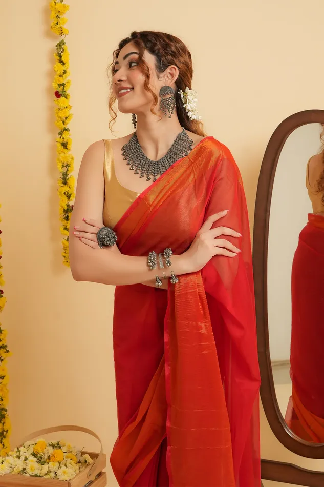 Teejh Sanah Red Chiffon Ready to Drape Saree Teejh Earrings