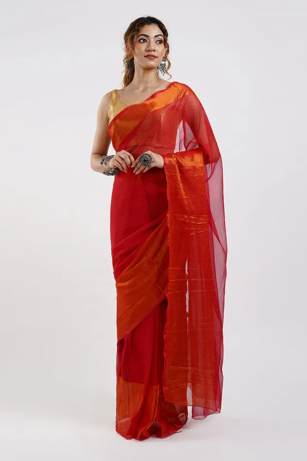 Teejh Sanah Red Chiffon Ready to Drape Saree Teejh Earrings