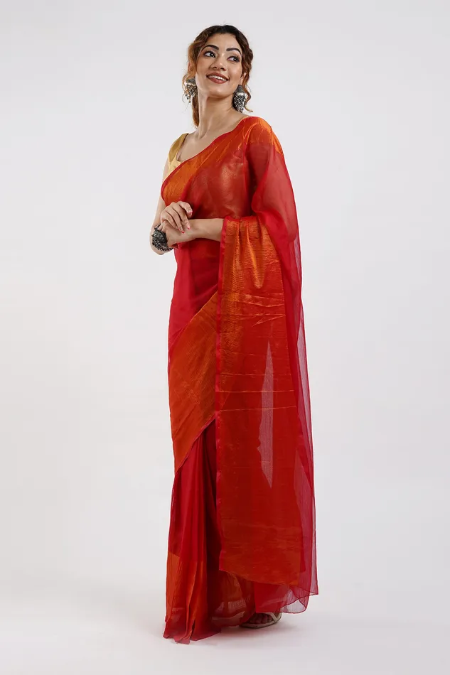 Teejh Sanah Red Chiffon Ready to Drape Saree Teejh Earrings