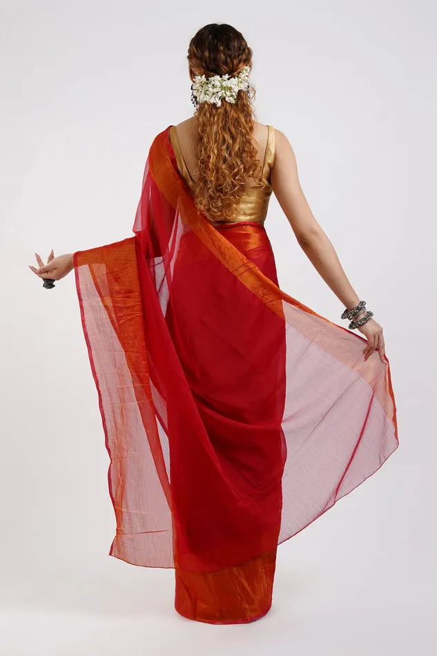 Teejh Sanah Red Chiffon Ready to Drape Saree Teejh Earrings