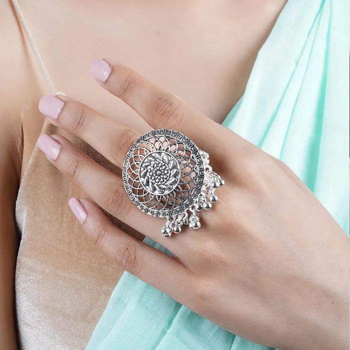 Teejh Tahera Silver Oxidised Ring Teejh Rings