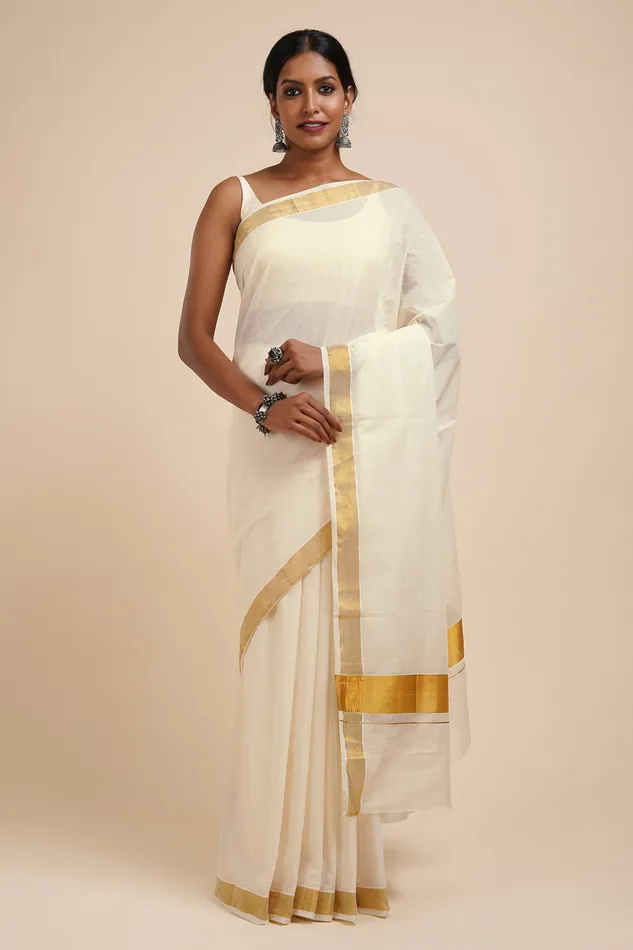 Teejh Teejh Kalyani White and Gold Kerala Cotton Kasavu Saree Rings