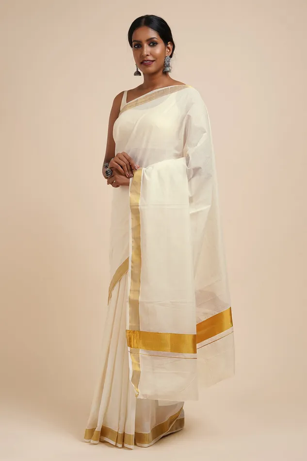 Teejh Teejh Kalyani White and Gold Kerala Cotton Kasavu Saree Rings