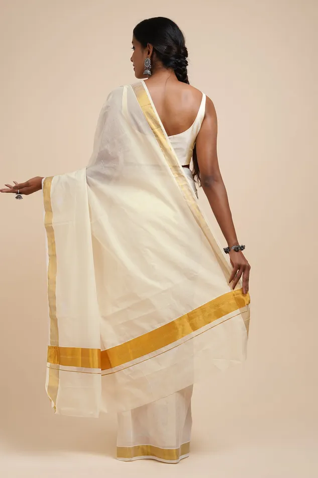 Teejh Teejh Kalyani White and Gold Kerala Cotton Kasavu Saree Rings