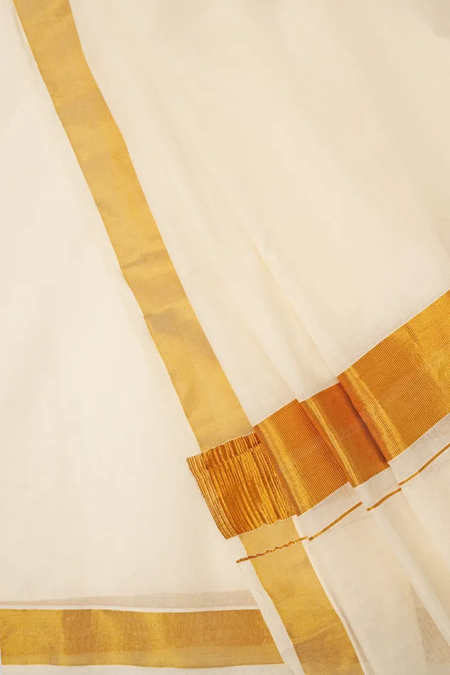 Teejh Teejh Kalyani White and Gold Kerala Cotton Kasavu Saree Rings