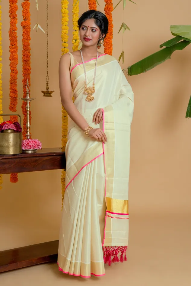 Teejh Teejh Karamana Kerala Tissue Pink Saree Earrings