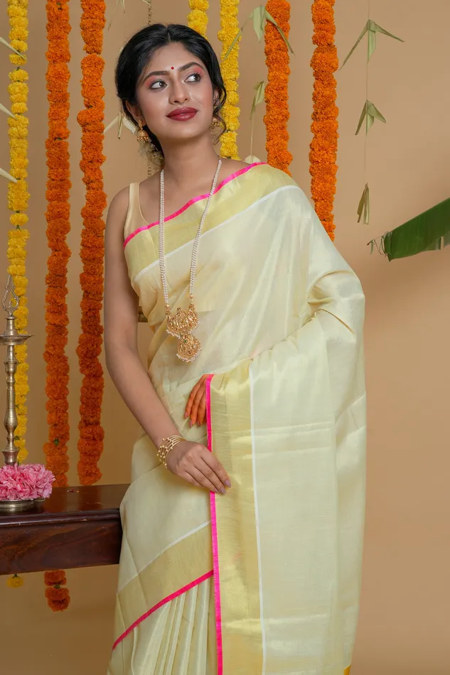 Teejh Teejh Karamana Kerala Tissue Pink Saree Earrings