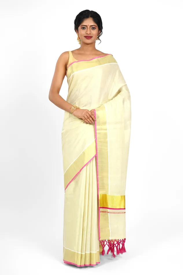 Teejh Teejh Karamana Kerala Tissue Pink Saree Earrings