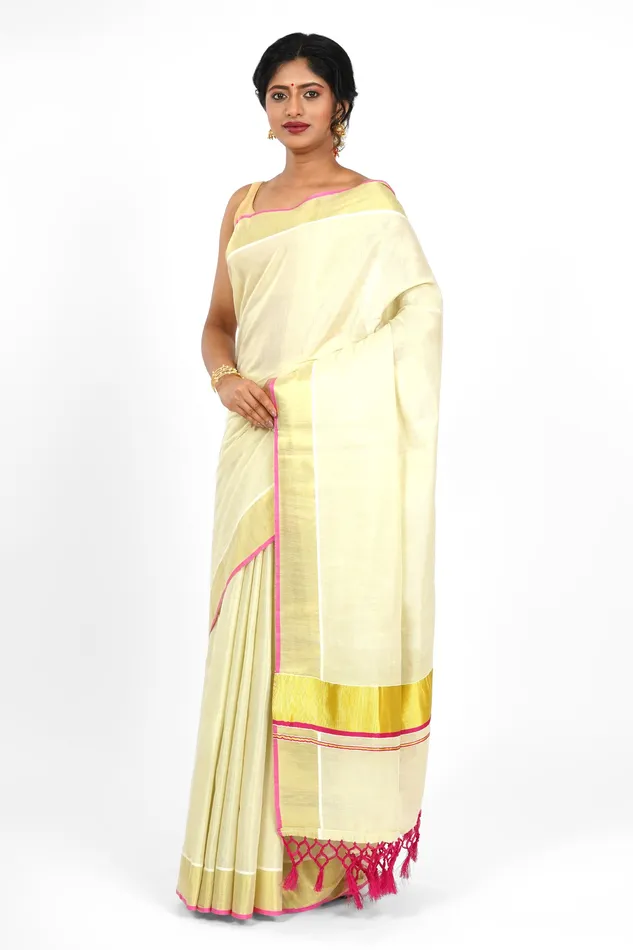 Teejh Teejh Karamana Kerala Tissue Pink Saree Earrings
