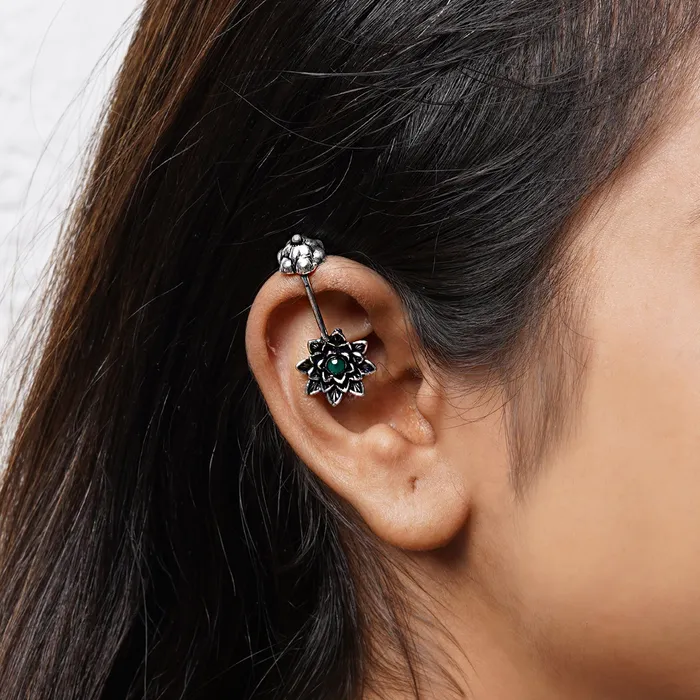 Teejh Teejh Ridhima Green Stone Silver Oxidised Clip On Bugadi Earrings
