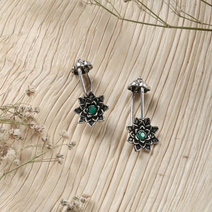 Teejh Teejh Ridhima Green Stone Silver Oxidised Clip On Bugadi Earrings Teejh Teejh Ridhima Green Stone Silver Oxidised Clip On Bugadi Earrings