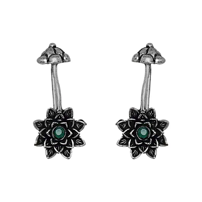 Teejh Teejh Ridhima Green Stone Silver Oxidised Clip On Bugadi Earrings Teejh Teejh Ridhima Green Stone Silver Oxidised Clip On Bugadi Earrings