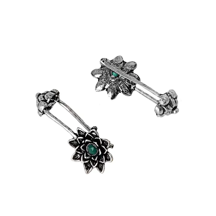Teejh Teejh Ridhima Green Stone Silver Oxidised Clip On Bugadi Earrings Teejh Teejh Ridhima Green Stone Silver Oxidised Clip On Bugadi Earrings