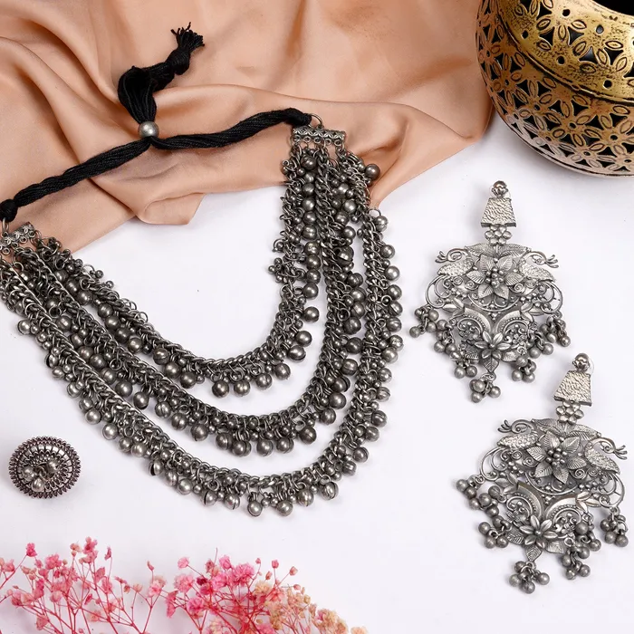 Teejh Teejh Rudrani Silver Oxidised Jewelry Gift Set Rings