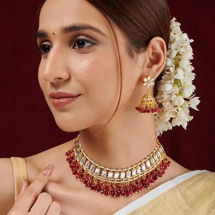 Teejh Teejh Shivanya Ruby Gold Necklace Set Necklaces