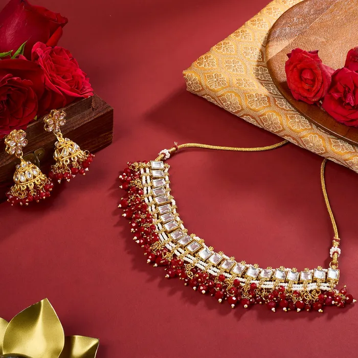 Teejh Teejh Shivanya Ruby Gold Necklace Set Necklaces